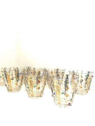 Vintage Set 8 Culver 22k Gold Harlequin Mardi Gras Jester Glasses Mod Jeweled 4