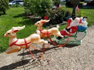 Vtg 1977 " Empire " Lighted Santa Claus Sleigh Plastic Blow Mold With Reindeer