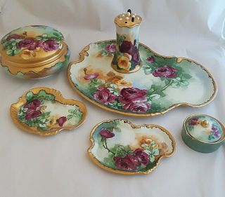Limoges Dresser Set Antique Victorian Hand Painted Roses Hat Pin Holder Tray 6pc