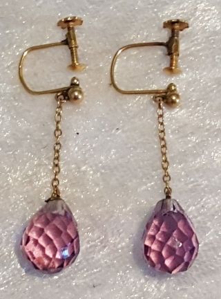 9 Carat Solid Gold & Purple Stone Vintage Art Deco Antique Pair Dangly Earrings