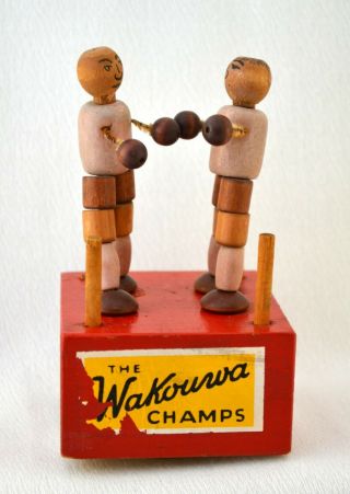Vtg 1940s 50s Wakouwa Champs Push Bottom Puppet Boxers Wooden Collapse Toy
