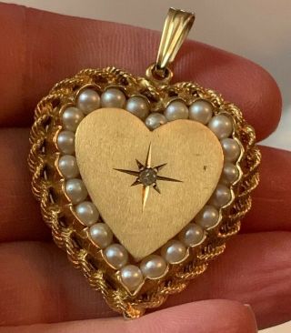 Estate Vintage 14k Gold Pearl & Diamond Heart Shape Charm Pendant 18.  5 Grams