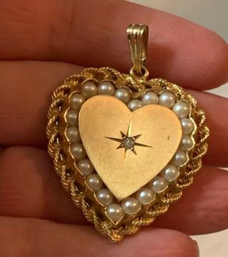 Estate Vintage 14k Gold PEARL & DIAMOND Heart Shape Charm Pendant 18.  5 Grams 4