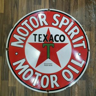 Texaco Motor Spirit Vintage Porcelain Sign 30 Inches Round
