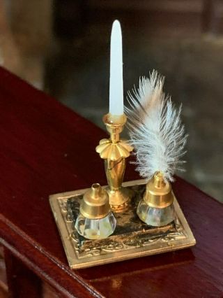 Vintage Miniature Dollhouse Artisan Marble Crystal Inkwells Feather Candlestick