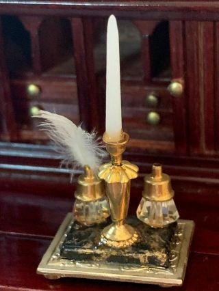 Vintage Miniature Dollhouse Artisan Marble Crystal Inkwells Feather Candlestick 2