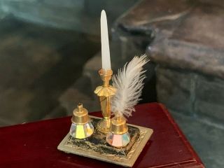 Vintage Miniature Dollhouse Artisan Marble Crystal Inkwells Feather Candlestick 4