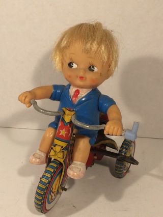 Vintage Suzuki Tin Toy Boy On Bike Ringing Bell Japan Rare Easter Bike Design