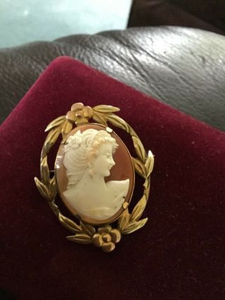 Cellini Craft Large Vintage Gold Filled Art Deco Shell Cameo Brooch/ Pendant