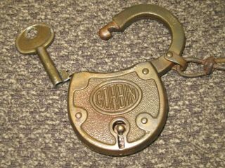 Old Oval Corbin Brass Pad Lock With Barrel Key,  Clevis & Chain Vintage,  Antique
