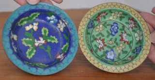 2 Small Vtg Cloisonne Bowl Dish Trinket Green Blue Flowers Enamel On Copper
