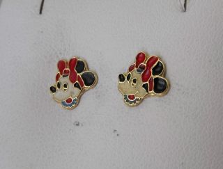 18k Yellow Gold Enamel Minnie Mouse Stud Earrings 1.  1gr