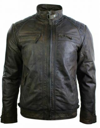 Mens Biker Motorcycle Vintage Distressed Black Brown Cafe Racer Leather Jacket