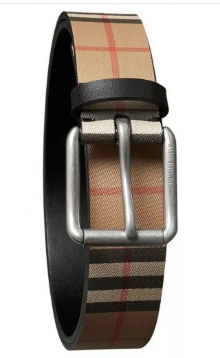 Authentic Burberry Mark Vintage Check Leather Camel Belt Size 38/95 Nwt