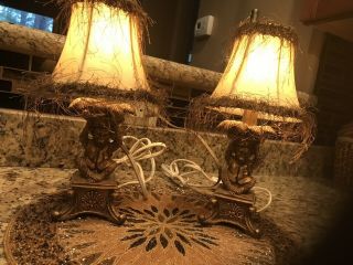 Vintage Pair Golden Figural Monkey Table Lamps W/ Shades