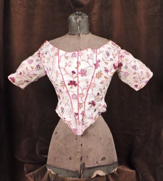 Rare 1850’s Hand Done Polychrome Crewelwork Bodice For Dress