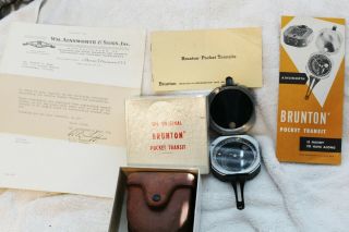 Vintage Brunton Pocket Transit With Orig.  Box & Papers In Leather Case