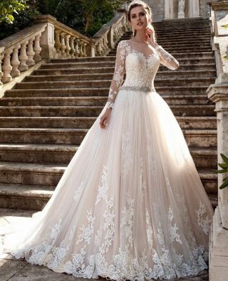 Vintage Lace Bridal Gown Elegant Long Sleeves Beading Wedding Dresses Custom
