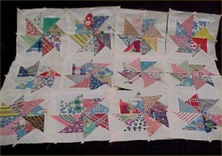 12 Vintage Antique Quilt Blocks Cotton Fabric C1930s Pinwheel Star Hand Pieced