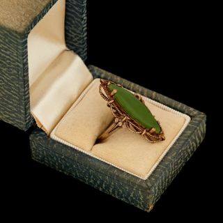 Antique Vintage Art Deco 10k Rose Gold Chinese Nephrite Jade Band Ring Sz 5.  5