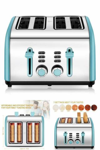 4 Slice Toaster Electric Retro Vintage Wide Slots Bread Browning Settings Blue