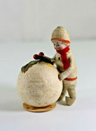 Antique German Heubach Bisque Head And Cotton Batting Boy W/ Snowball Decoration