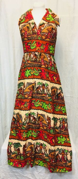 Nwot Vintage 1970’s Hawaiian Barkcloth Halter Maxi Dress Size 16