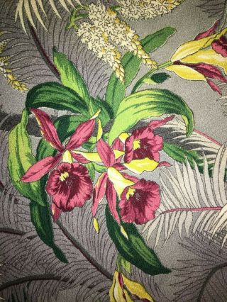 Vtg Hawaiian Barkcloth Tropical Orchid,  Trumpet Flower,  Palms 5.  5 Yards X 44 " W
