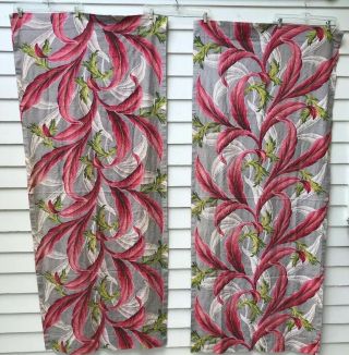 Barkcloth Drapes Or Curtains - Vintage Pair Tropical Plumes Foliage Pink Grey
