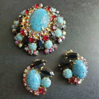 D&e Juliana Vintage Ab Rhinestone Turquoise Glass Brooch Pin & Earrings Set O144