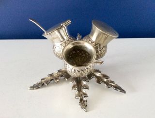 Antique Silver Plated Scottish Thistle Footed Condiment Set & Spoons