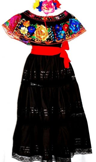 Traditional Mexican Black/multicolor Maxi Folkloric Dance Dress 5 De Mayo Vtg Nw