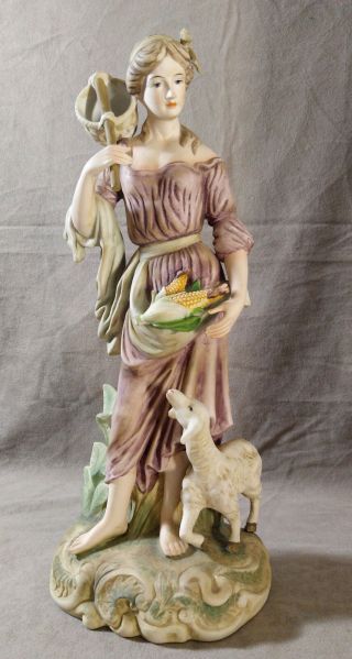 Vintage Andrea By Sadek Porcelain Large Figurine Pastoral Lady Lamb Corn 7127