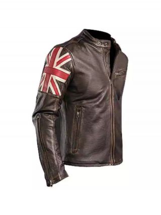 Men’s Biker Vintage Distressed Brown Union Jack Leather Jacket