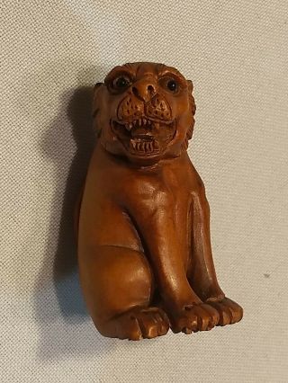 Fine Japanese Carved Wooden Netsuke Signed Lion