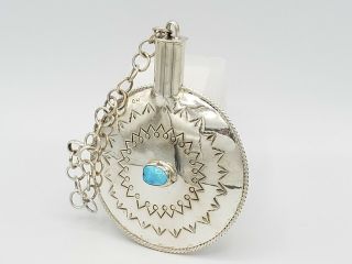 Vintage Hand Made Sterling Silver Flask W/ Turquoise Accent Southwest Style