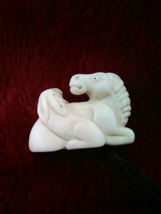 Old Japanese Carved Ivory Colored Bone Horse & Rabbit Netsuke Signed