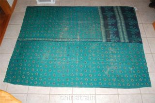 Vintage Kantha Quilt Hand Sewn 60 X 90 " 100 Cotton Melange Home Tan Blue/green