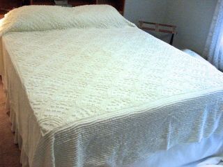 Vintage White Cotton Chenille Bedspread 100 " By 90 " Queen Size