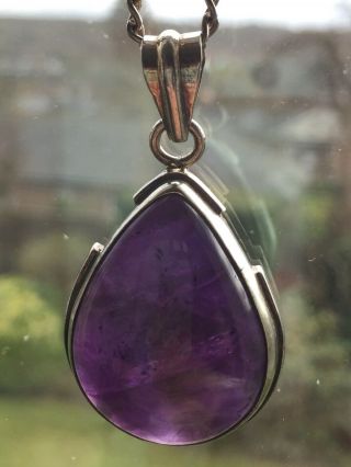 Vintage Antique Large Amethyst Gemstone Pendant W/ Solid Sterling Silver Chain.