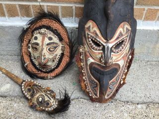3 Old Vintage Tribal Masks Hand Carved Wood,  Turtle Shell