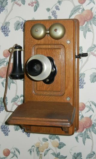 Antique Kellogg Hand Crank Oak Wood Wall Telephone Phone Vgc