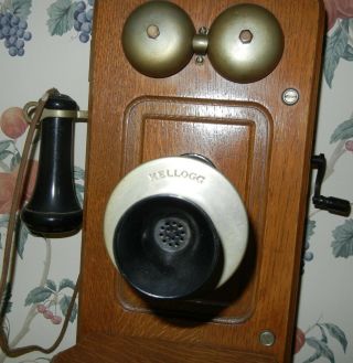 Antique Kellogg Hand Crank Oak Wood Wall Telephone Phone VGC 3