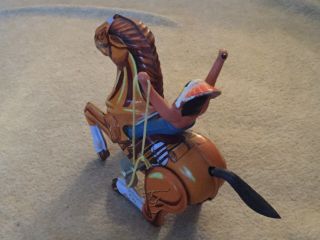 Vintage Mtu Made In Korea Wind Up Tin Mechanical Indian On Horse Toy