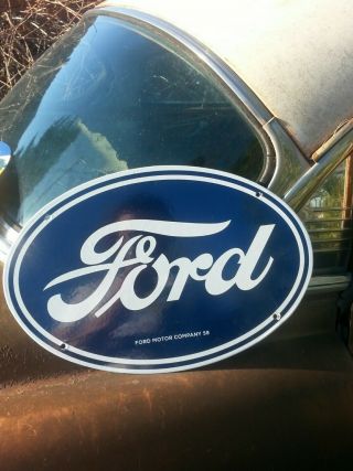 1958 Ford Porcelain Sign Oil Gas Vintage Gasoline Pump Plate Dealership Nos