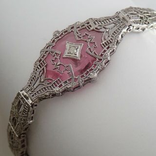 Antique Art Deco Sterling Silver Filigree Pink Glass Paste Rhinestone Bracelet
