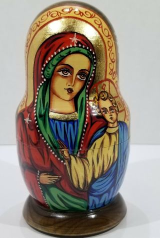 Vintage 6 " Religious Russian Icon Virgin Mary Christ Nesting Dolls Handpainted