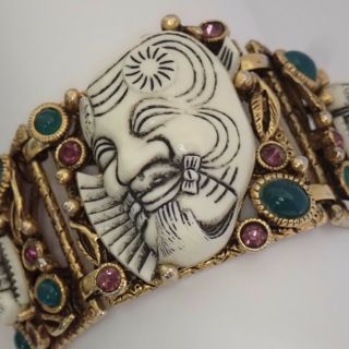 Vintage Selro Gold Plate Amethyst Chrysoprase Rhinestone Noh Mask Bracelet