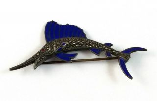 Antique Art Deco Lapis Ruby & Marcasite Sterling Silver Blue Marlin Fish Pin