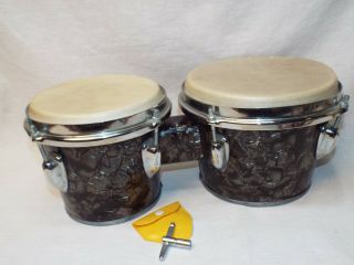 Vintage Slingerland Black Diamond Pearl Bongos Calf Skin Drum Heads W/ Key